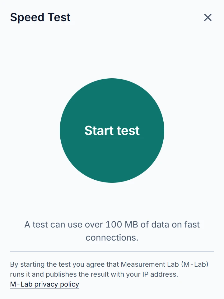 Speed Test window with the Start test button